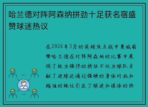 哈兰德对阵阿森纳拼劲十足获名宿盛赞球迷热议 哈兰德对阵阿森纳拼劲十足获名宿盛赞球迷热议